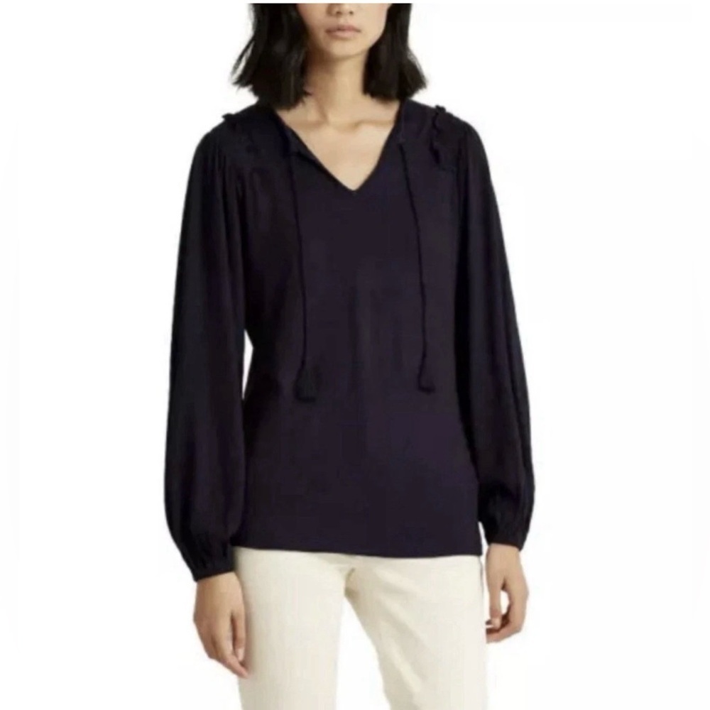 Lauren by Ralph Lauren Knit Top Sz XL Linen Blend Navy Blue With Tassels Ruffle